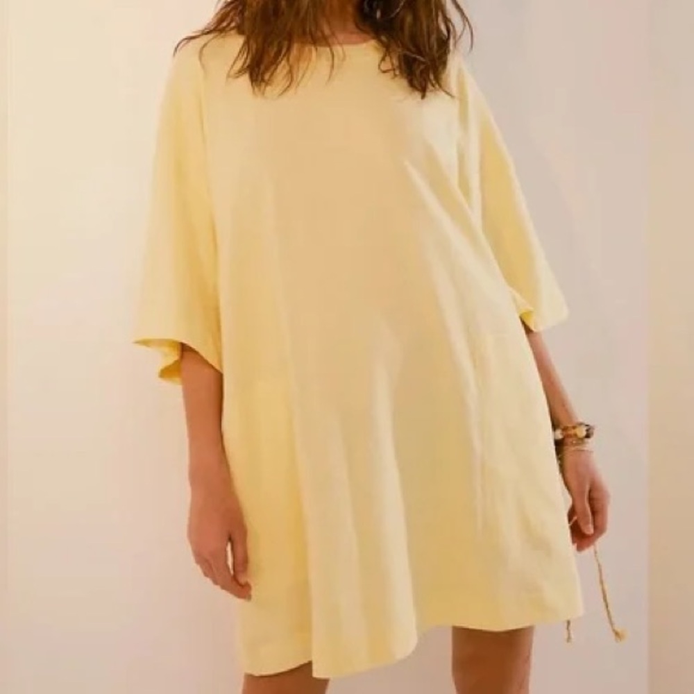 Free People Oversized Short Sleeve Tee Dress in Pale Yellow